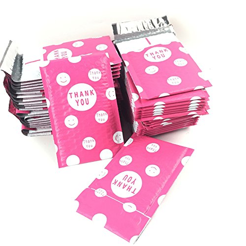 Inch Thank You Smile Pattern Bubble Mailers Poly Padded Envelope Mailers 50 Pack (4x8, Hot Pink)