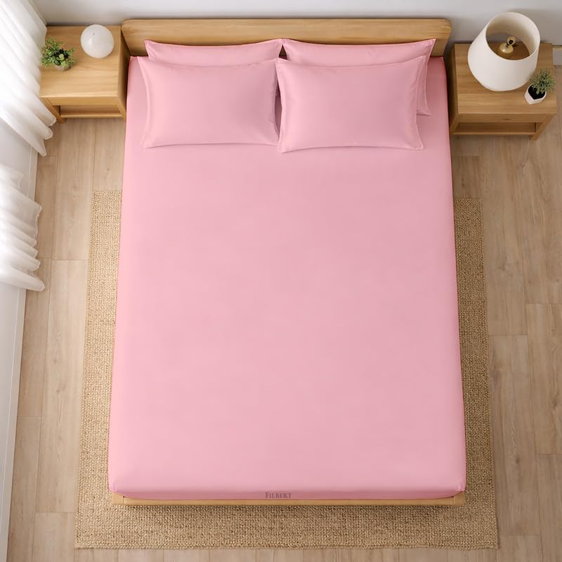 Image of Filbert - Premium Satin Fitted Bedsheet Single Bed (36x75 Inch) with 1 Pillow Cover | Hypoallergenic Breathable | Hair and Skin Friendly, Women Gift Choice|Baby Pink