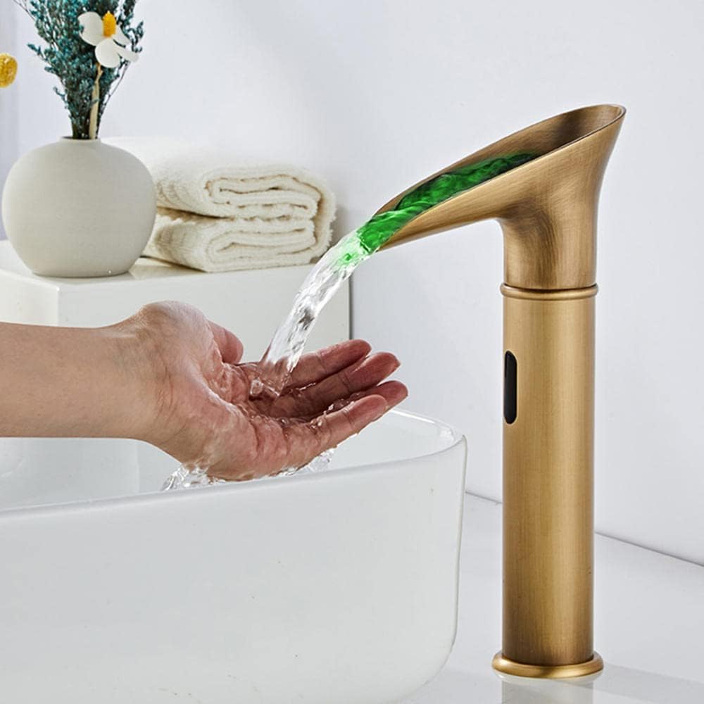 Rubinetto miscelatore retrò con sensore, rubinetto per acqua calda e fredda, rubinetto a cascata senza contatto con LED che cambia colore, design antico per bagni moderni
