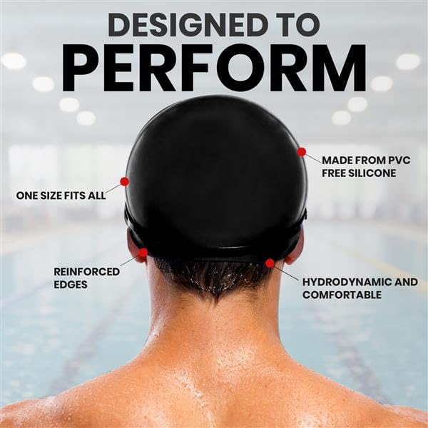 Image of JASPO Velocity Silicone Swimming Cap | Unisex Swim Cap for Men & Women | Stretchable, Anti-Slip, Waterproof Cap for Pool, Training & Professional Swimming | Black
