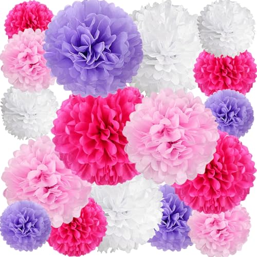 Image of 20 PCS Tissue Paper Pom Poms, Tissue Pom Poms Flowers, Sizes of 6 inch, 10 inch, 12 inch, 14 inch Hanging Paper Flower Ball for Wedding, Birthday, Halloween, Christmas, Baby Shower Party Decor (Pink Purple White)