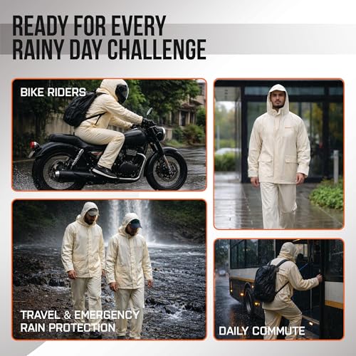 Image of Robustt PVC Waterproof Rain Suit for Men & Women (Size-M to L) White Rain Coat with Hood, Air Vents & Reflective Strip| Bike Raincoat Pants with Elastic Waist & Snap Button Hem| Unisex Rain Jacket