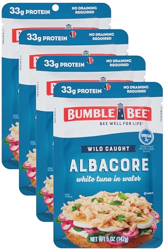 Image of Bumble Bee Chunk White Albacore Tuna in Water, 5 oz Pouch - Ready to Eat Wild Caught Tuna Packet - 33g Protein per Pouch, High in Omega-3s - Non-GMO, Gluten Free, Kosher (Pack of 4)