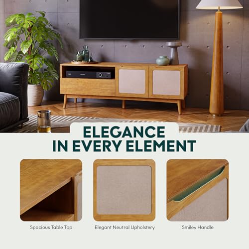 Image of Calista TV Stand 1 Drawer 2 Door - Teak Brown Finish Media Console with Open Shelf & Fabric Panel Doors, Mid-Century Modern Style with Tapered Legs, Easy Assembly