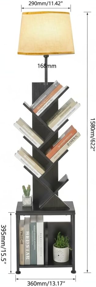 3in1 Tree Bookshelf Bookcase with Storage Cabinet, 62" Tall Reading Light with Unique Oval Fabric Shade & 8-Tier Book Organizer, Modern Standing Lamp for Living Room, Bedroom, Office (Black)