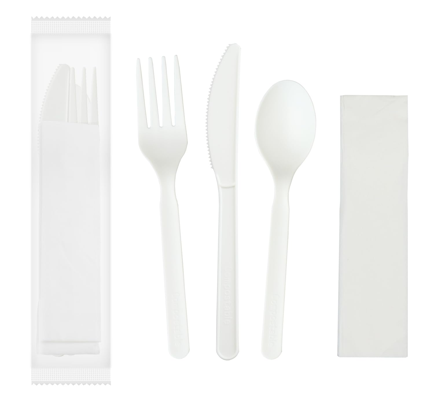 GreenWorks 6 Compostable CPLA Cutlery Kits BPI Certified 200 Sets Fork Spoon Knife Napkin 4 in 1 Individually