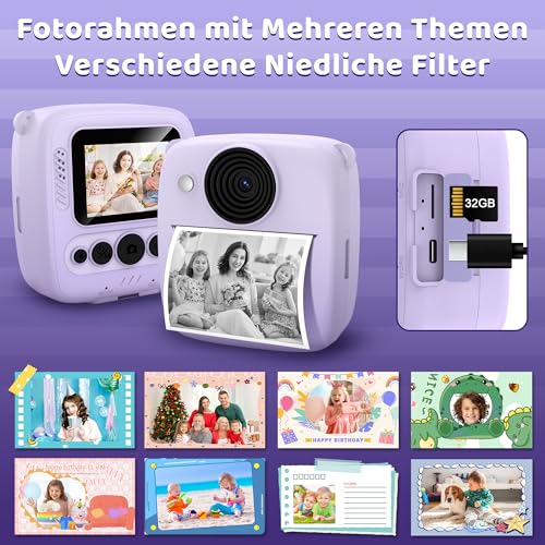Kinderkamera Sofortbildkamera, Kinder Kamera mit 32GB Karte & 4 Bände Druckpapier, 48MP Sofortbildkamera Kinder mit 1080P Digitalkamera für Kinder, Geschenke für Mädchen und Jungen von 3 bis 12 Jahre
