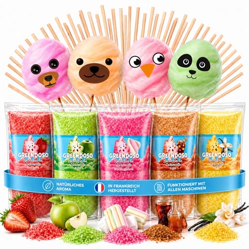 GREENDOSO Zuckerwatte Zucker für Maschine Erdbeere Cola Apfel Marshmallow Vanille (5x160 g) Natürliche Aromen & Farbstoffe 20 Stäbchen + 8 Essbare Oblaten-Gesichter
