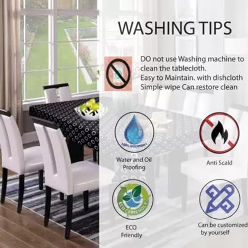 Image of PVC Self Design Waterproof Table Cover for Dining Table (6 Seater (54 inch x 78 inch), Black)