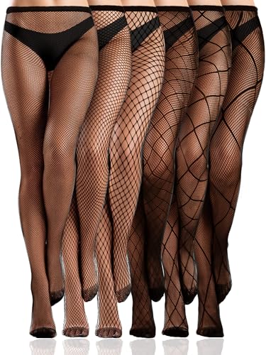 Ramede 6 Pairs Women Fishnet Thigh High Stockings Waist Tights Mesh Patterned Fishnet Leggings Pantyhose for Halloween