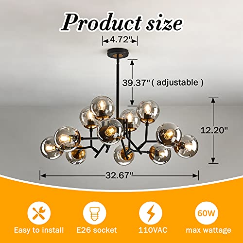 Image of UOFUS 12-Light Mid-Century Modern Black Sputnik Chandelier with Glass Globe