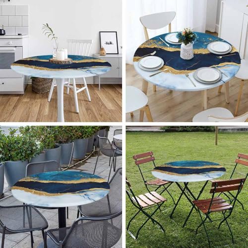Guxxuil Blue Gold Marble Tablecloth Round Stone Texture Liquid Paint Glitter Artificial Waterproof Wipeable Table Cloth Cover Table Pad Cover for Dining Room Fitted 40-44 inch by Guxxuil - Image 5