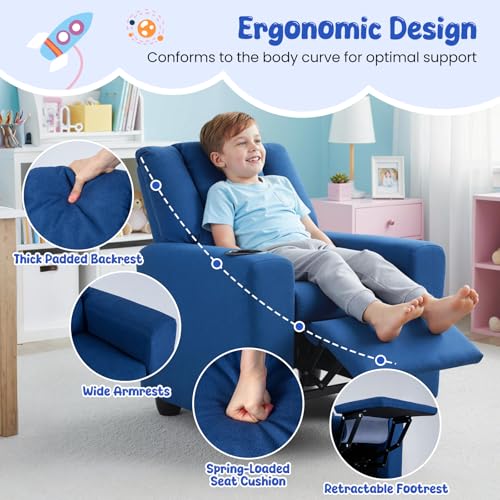 Image of HONEY JOY Kids Recliner, 2-in-1 Toddler Armrest Sofa Couch with Cup Holders, Adjustable Footrest, Fabric Surface, Child-Size Recliner Chair for Boys Girls Age 3+ (Blue)