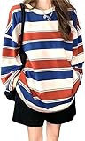 [Ｈｅｓｊｏｂｏｏｄ] Ｔシャツ レディース 長袖 ボーダー柄 ロンT おしゃれ ビッグシルエット ゆる 可愛い カットソー 大きいサイズ クルーネック きれいめ インナー トップス レッドブルー 2XL