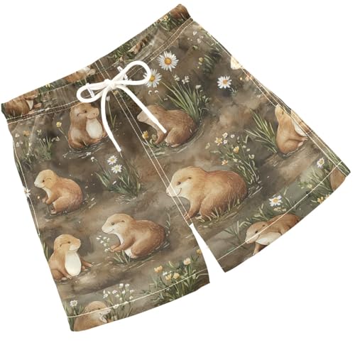 Pigsaly Boys' Swim Board Shorts Watercolor Daisy Flower Cute Brown Sea Otter Boy's Swim Trunks Kids Swimwear S