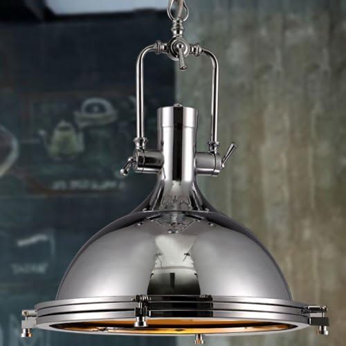 LITFAD Industrial Nautical Style Pendant Light 15.75" Wide Single Pendant Lamp Retro Ceiling Hanging Light with Frosted Diffuser Mounted Fixture Chandelier in Chrome for Restaurant Dining Room Bar