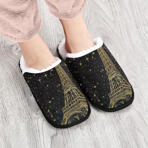 Gold Eiffel Tower Starry Sky Plush Slippers for Women Men Warm Comfortable Travel Spa Slipper Non-slip House Shoes4