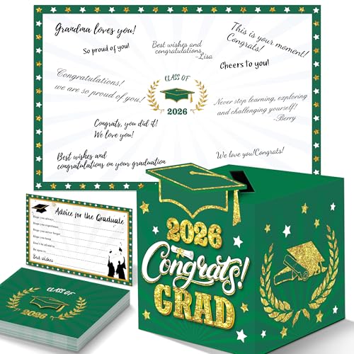 Image of Graduation Decorations Green and Gold 2026 - Guest Book Alternative, Graduation Cards Box with 36PCS Advice Cards, Signature Board Congrats Grad Decoration Graduation Supplies 2026