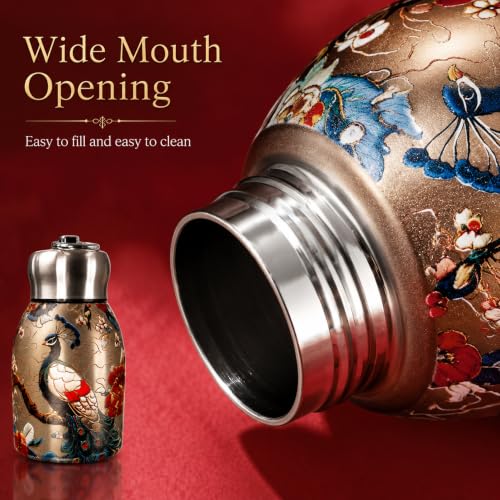 Image of Mini Stainless Steel Insulated Water Bottle 300 ml, Double Wall Vacuum Thermal Flask, Leak-Proof Travel Bottle with Peacock Print Design, Portable Hot & Cold Drink Bottle, Pack of 1