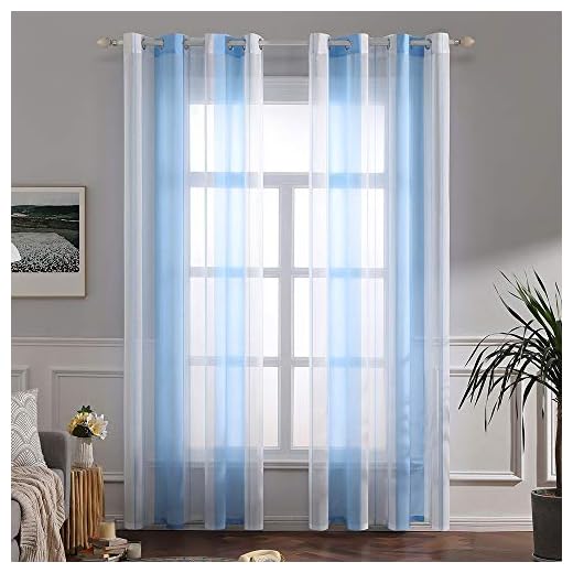 MIULEE Cortinas Translucida de Dormitorio Moderno Ventana Visillos Rayas Salon Paneles con Ojales Plateados para Sala Cuarto Dormitorio Habitación 140 x 260 cm, 2 Unidades Blanco+Azul Claro