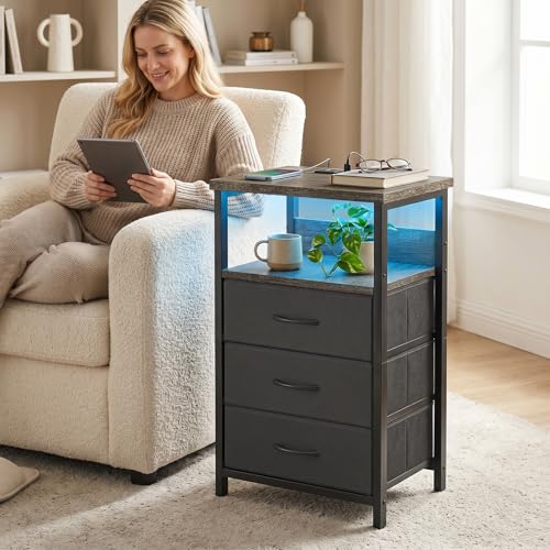 Image of Fixwal Night Stand with Charging Station, LED Nightstand with U-S-B Ports and Outlets, 3 Fabric Storage Drawers with PU Finish, Bed Side Table, Charcoal Gray
