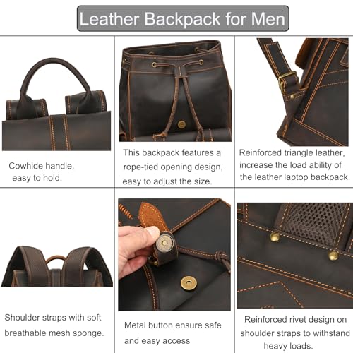 Genuine Leather Backpack for Men Casual Laptop Shoulder Bag Rucksack with Anti-Theft Pocket Travel Daypack, Dark Brown4