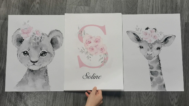 Lot De 3 Affiches Personnalisées Bébé – Prénom + Animaux Gris Et Bleu – Éléphant, Lion & Fleurs – Décoration Chambre Enfant 30x40 Cm
