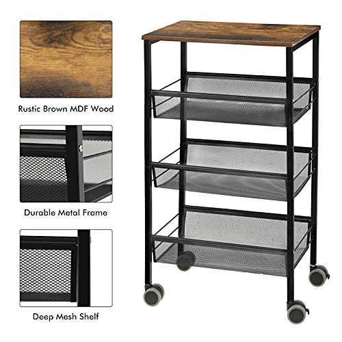 Rolling Kitchen Storage Cart for Narrow Spaces, 4-Tier Island Cart with Wooden Shelves and Lockable Baskets, Black
