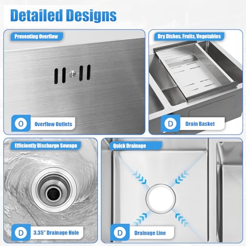 Fregadero de cocina de 2 bandejas rectangular encastrable en acero inoxidable con escurridor 6