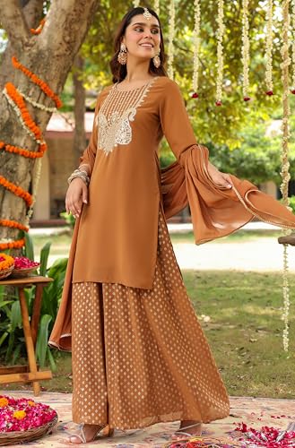 Image of Janasya Women's Georgette Embroidered Straight Kurta with Sharara & Dupatta Set