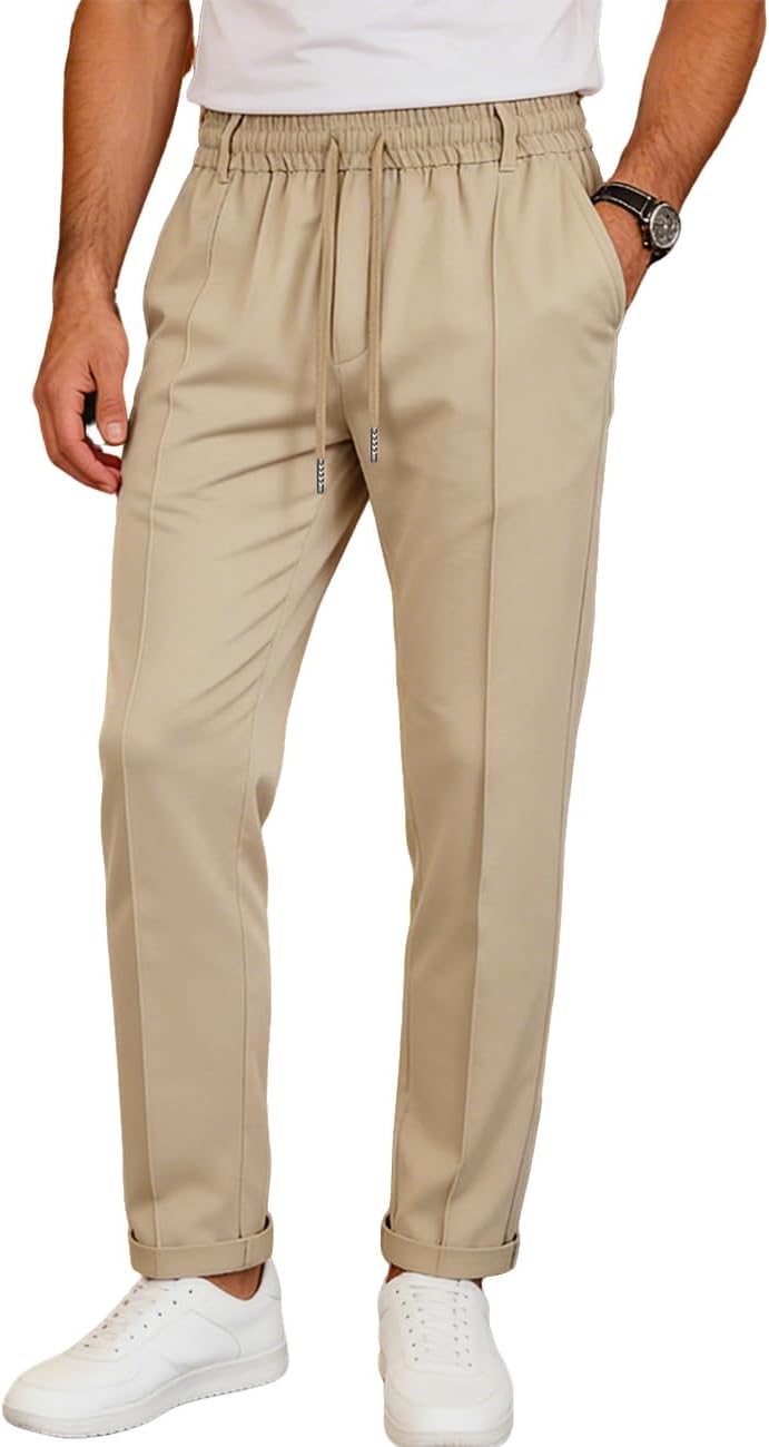 Mens Casual Chino Pants Elastic Waist Lightweight Trousers Classic-Fit Pants with Pockets