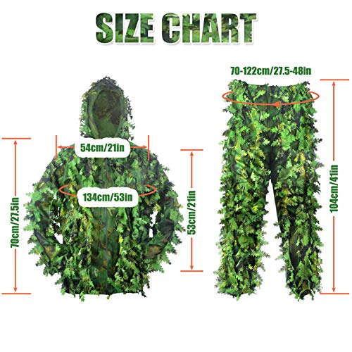 3D Leaf Ghillie Suit Ghillie Jackets and Pants Camouflage Clothing Hooded Hunting Suits for Children Youth Adult Airsoft Paintball Shooting Airsoft Wildlife Photography Halloween (Medium, Green)