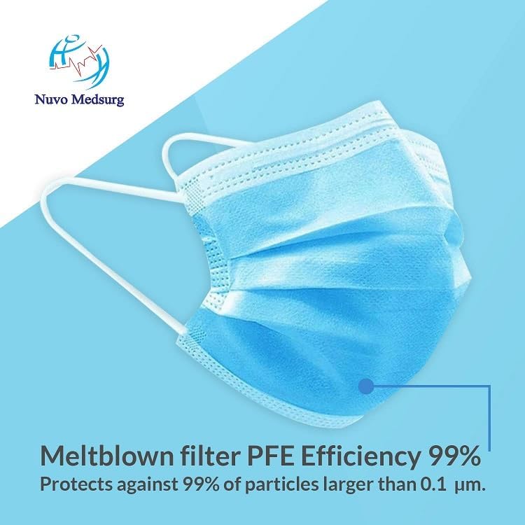 NUVO MEDSURG Melt-Blown 4 Ply Disposable Face Mask Pack of 100 - Blue Breathable Protection for Men & Women, Unisex Adult Masks with Elastic Earloop and Nose Clip for Pollution Shield 3
