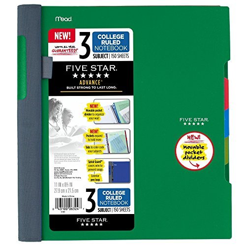 Five Star Advance Spiral Notebook + Study App, 3 Subject, College Ruled Paper, 8-1/2" x 11", 150 Sheets, Spiral Guard, Movable Tabbed Dividers,