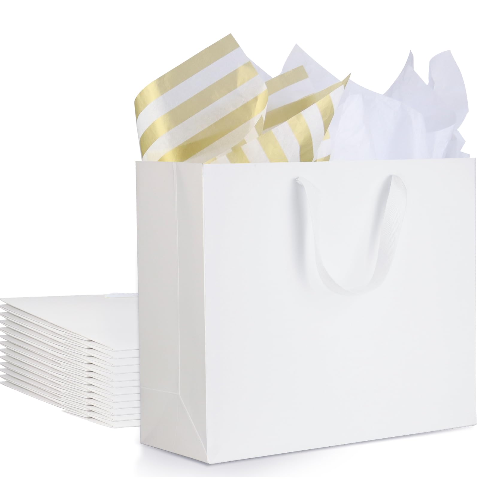 HRUISE 12Pcs White Gift Bags with 24 Tissue Paper - 32x11.5x28cm - Medium Paper Bag with Handles Thickened Kraftpaper Bag Set for Wedding Celebrations Baby Shower Birthday Parents