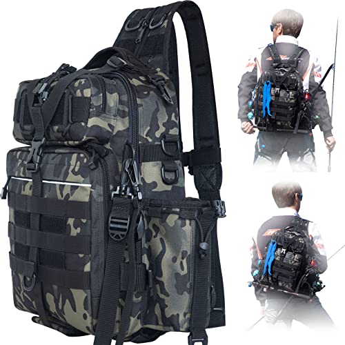 BLISSWILL Outdoor Tackle Bag - Large Water-Resistant Fishing Backpack with Rod Holder, Large(16*12*6inch)-forest Camo