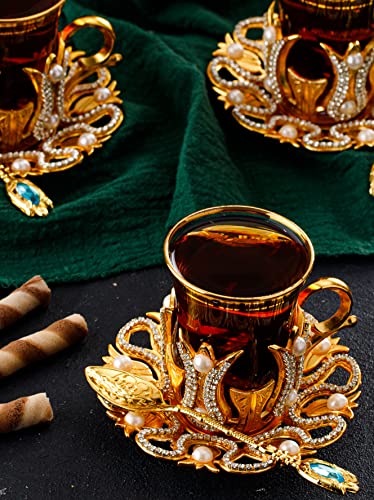 Demmex (Set Of 6) Turkish Tea And Coffee Glasses Set With Metal Saucers Holders And Spoons, Decorated With Swarovski Type Crystals And Pearls,24 Pcs (Gold), 3.3 Ounces #TOP3