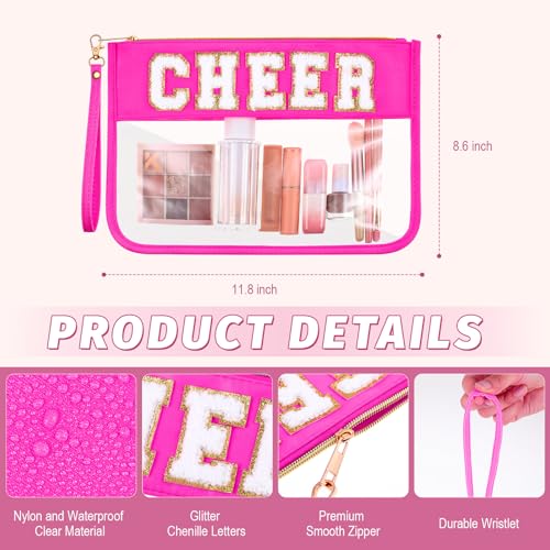 Kacctyen 6 Pcs Cheer Bags Chenille Letter Makeup Bag Cheer Gifts for Stuff Cheerleader, Rose Red Clear Zipper Pouch Cosmetic Toiletry Pouch with Handle for Women Girls Gym Beach Travel(Rose Red,Cheer)2