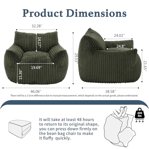 Giant Plush Bean Bag Chair for Adults with Armrests - Oversized Comfy Green Beanbag Lounge Lazy Floor Sofa Accent Chair for Living Room, Bedroom & Dorm, Cozy Fluffy Single Cloud Mini Couch