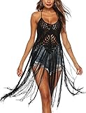 PUWEI Women's Backless Spaghetti Strap Halter Crochet Knit Tassel Cover Up Tops（Black-One Size）