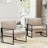 ALISH Modern Accent Chairs, Upholstered Living Room Chairs Linen Arm Chair Accent Chairs for Living Room with Metal Frame Light Gray,Set of 2