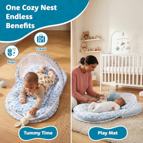 Image of Amazon Brand - Supples Baby Bed Mattress with Mosquito net | Animal Print | Blue