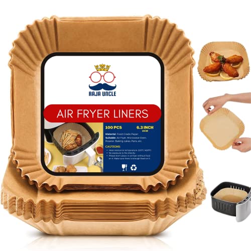 RAJA UNCLE Air Fryer Liners, Parchment Disposable Paper Liners, 100PCS of 6.3 inch Square, Non-Stick
