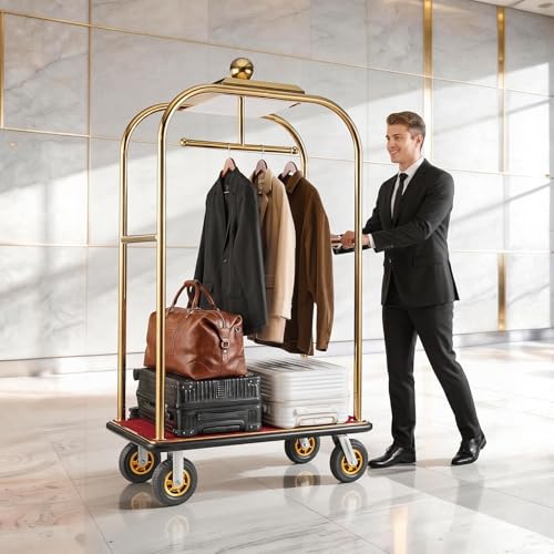 VEVOR Hotel Luggage Cart, 1200 lbs Heavy Duty Bellman Cart with Stainless Steel Frame, 8 in Rubber Wheels, Red Carpeted Deck, Commercial Luggage Carrier Rolling Trolley for Hotels, Resorts, Gold by VEVOR - Image 2