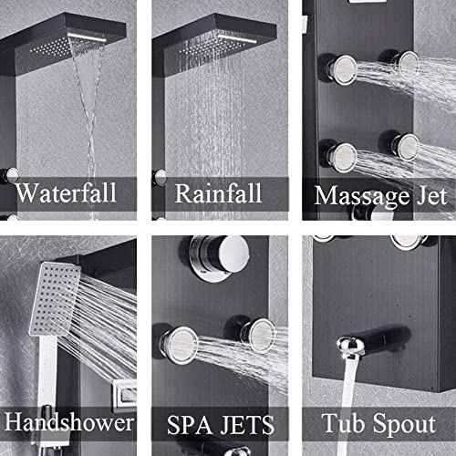 Columnas de ducha con mezcladora termostática de baño negra, conjunto de ducha con jets de masaje, tipo panel de ducha, con función de lluvia y cascada miniatura 4