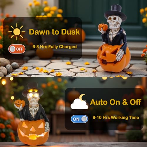 Image of Solar Outdoor Decorations Wizard Skeleton with Pumpkin Figurine Lights, Fall Pumpkin Garden Decor for Yard Patio Porch, LED Skull Gothic Party Accessories, Home Gift for Mardi Gras Shrove Tuesday