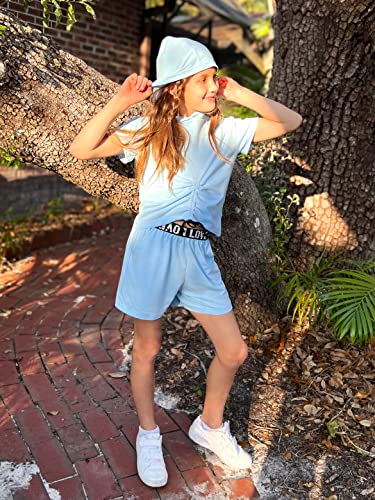 Hopeac 2 Pcs Athletic Girls' Clothing Sets Breathable Summer Short Sleeve Blue Hoodie Kids Sweatsuit Tracksuit With Shorts #TOP4