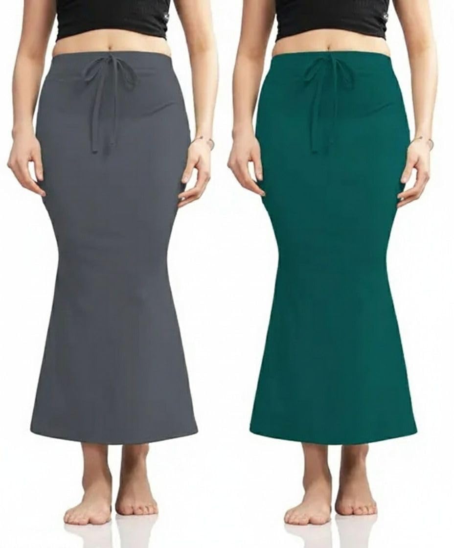 mm kart Women’s FeatherDrape High-Waist Saree Shapewear Petticoat | Mermaid-Fit Stretchable Ethnic Base Skirt with Drawstring | Comfortable Saree Styling Inner | Grey & Bottle Green-picture-12