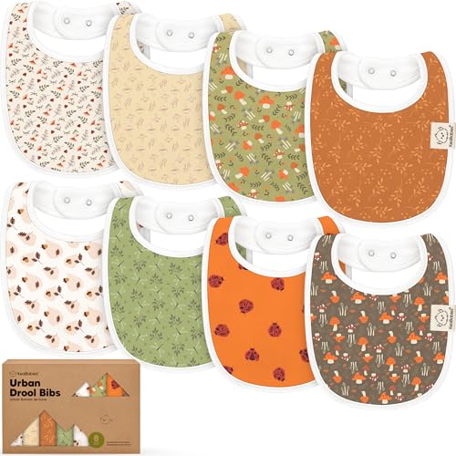 Image of 8-Pack Organic Baby Bibs for Boys, Girls - Soft Cotton Drooling and Teething Bibs for Baby Girl & Boy, Extra Absorbent, Easy to Clean & Put On for Toddler, Newborn, Infant 0-24 Months (Fall Spores)