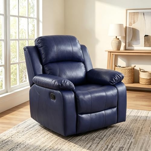Image of Single Leather Manual Recliner Chair, Oversized Lazy Boy Recliner with Home Theater Seating, Breathable Living Room Reclining Chair for Adults Reading, Gaming, Relax, Dark Blue